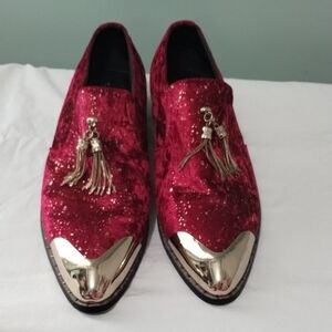 Men's Red Velvet Loafers with Gold Accents